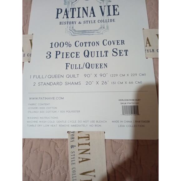 Patina Vie 100% Cotton 3 Piece Quilt Set Full / Queen 
Heirloom Rose Dust - Picture 9 of 10
